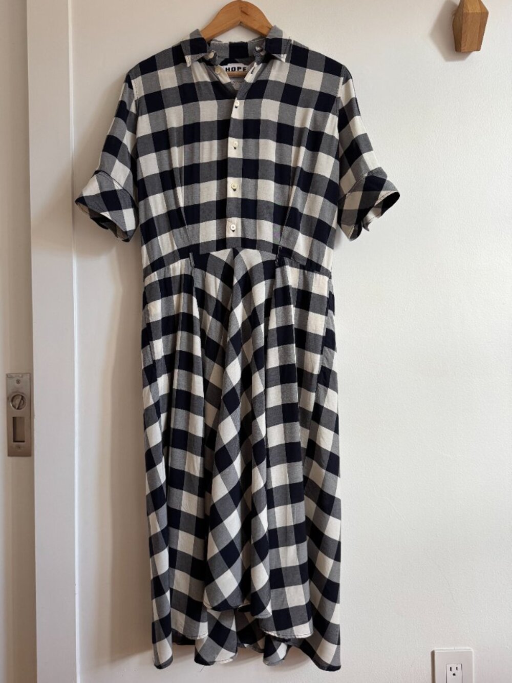 HOPE Gingham Midi Dress Navy White | Scandinavian Minimalist | Size M